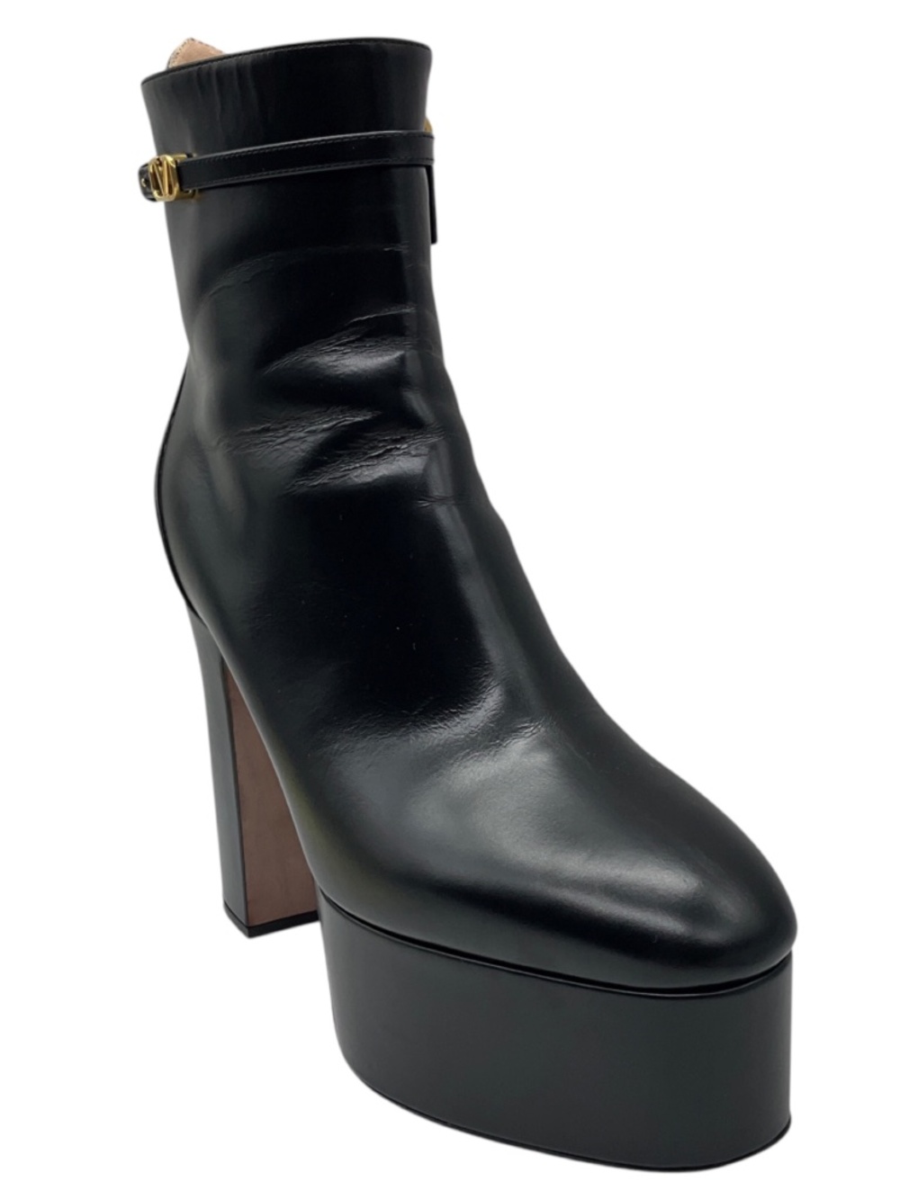 Valentino Black Platform Leather Ankle Boots with Gold VLogo Detail